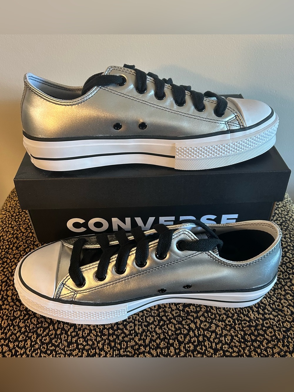 Converse AS Silver Low-Top Platform Sneakers with Black Laces Women’s 10